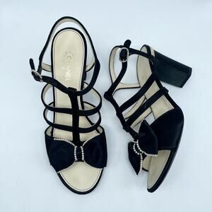 CHANEL Black leather/ Satin caged pearl embellished bow block heel sandals EU40